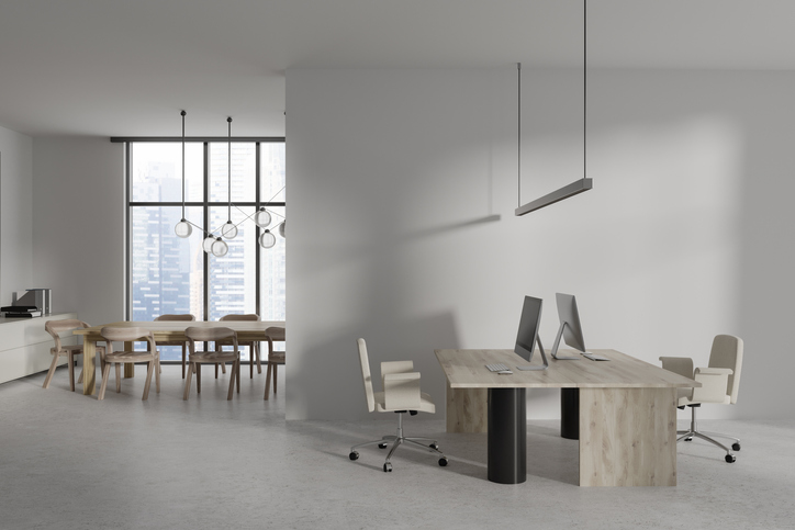 White business interior with coworking area and partition, conference room with sideboard and decoration. Panoramic window on skyscrapers. 3D rendering